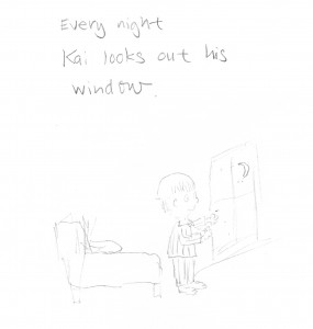 sketch of boy in bedroom